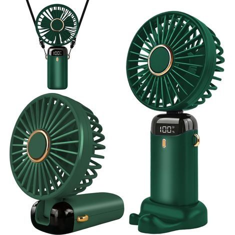 Ventilateur portable rechargeable par USB avec 5 vitesses, mini ventilateur de bureau pliable avec écran LED pour la maison, le bureau, la chambre à coucher, les voyages en plein air (Vert) (1/5)