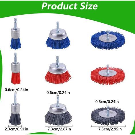 Lot de 9 Brosses Abrasives en Fil de Nylon, Brosse Nylon Perceuse avec Tige Hexagonale 1/4 Pouce, Outils Abrasifs Poncage Bois, Brosse Perceuse pour Enlever Rouille, Corrosion, Peinture (9) (1/3)