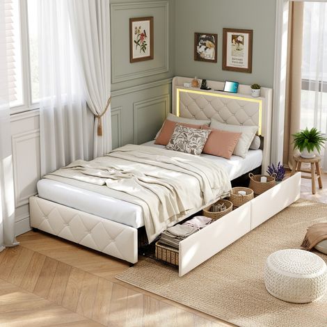 Letto con 2 cassetti 90x200, illuminazione LED e porte USB/Type-C, letto singolo, struttura letto imbottita in velluto con testiera trapuntata e mensola, Beige (1/4)