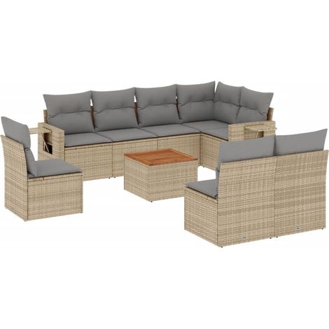 Seduta da esterno - Set Divano da Giardino 9 pz con Cuscini Beige in Polyrattan (1/5)