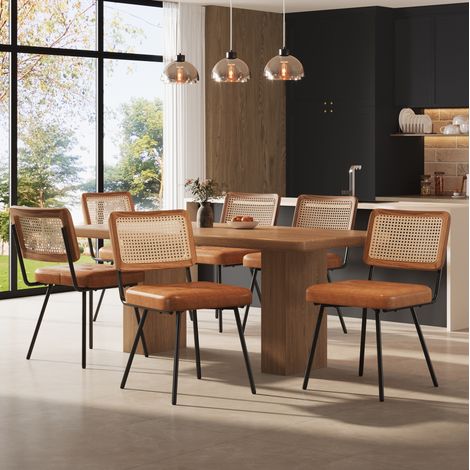 Silla de comedor de PU y metal marrón 61x46x79 cm, respaldo de PE ratán, acolchada ergonómica,46×44×79cm (1/5)