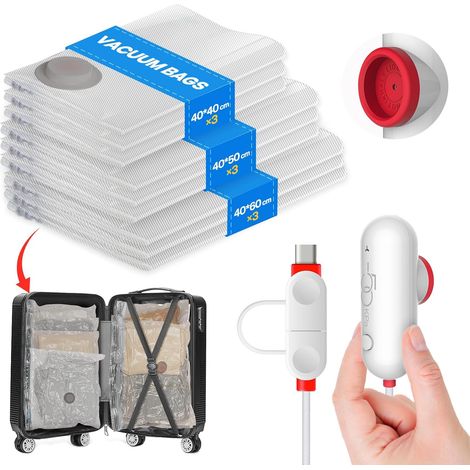 Sac Sous Vide Vêtements avec Pompe USB, 9 Sac de Rangement Sous Vide (3x 40x40cm, 3x 40x50cm, 3x 40x60cm), Réutilisables et Portables, Idéal pour Rangement Vêtements et Penderies, Voyages