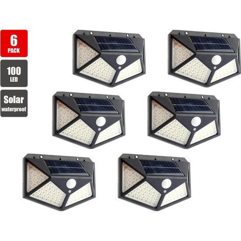 Lot de 6 lampes solaires LED 100 LED pour jardin extérieur, projecteur à détecteur de mouvement, applique murale de sécurité étanche (1/5)