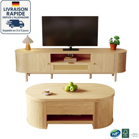 Mobile TV da 175 cm con 2 ante e 1 cassetto + tavolino sollevabile - Rivestimento color rovere + Anta cassetto in rattan - Gambe in metallo effetto legno (1/5)