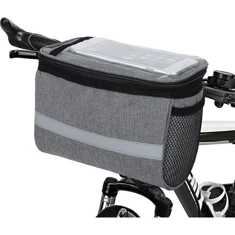 Sacoche de guidon de vélo grise étanche avec écran tactile et panier avant en filet aéré (1/5)