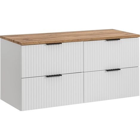 Waschtischunterschrank 120 cm weiß matt mit gerillter Front, Wotaneiche Platte, ADELAIDE-56-WHITE (1/5)