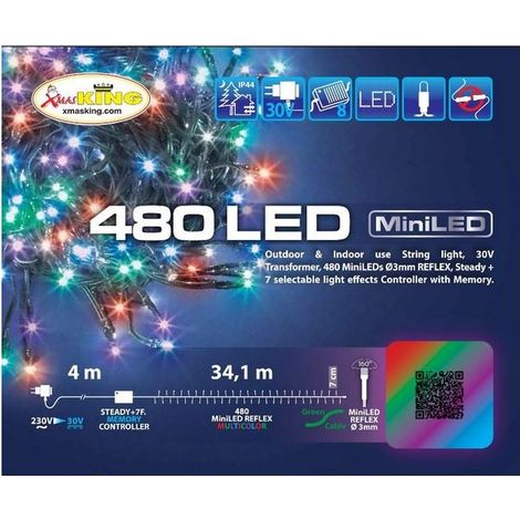 Catena 34,1 m, 480 miniled multicolor plus, (colori rosso, porpora, verde, blu), cavo verde, con controller 8 giochi catena natalizia, luci colorate, decorazione luminosa