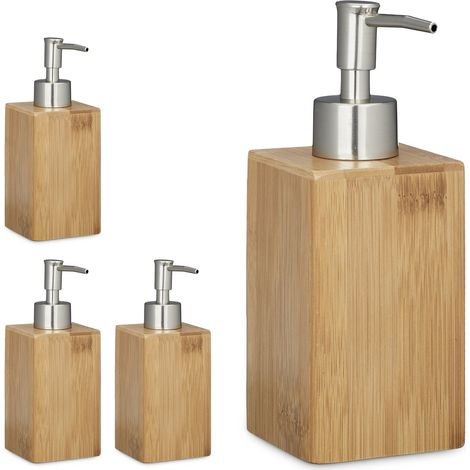 Set 4 Dispensadores Jabón 240 ml, Dosificador Champú, Expendedor Lavavajillas Encimera, Baño, Bambú, 18x6,5x8cm, Natural (1/5)