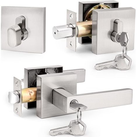 INHHUB Square Lever Deadbolt Set with Single Cylinder and Key Matching (for Office and Front Door), Heavy Duty Satin Nickel Front Door Lock for Right Side (1/5)
