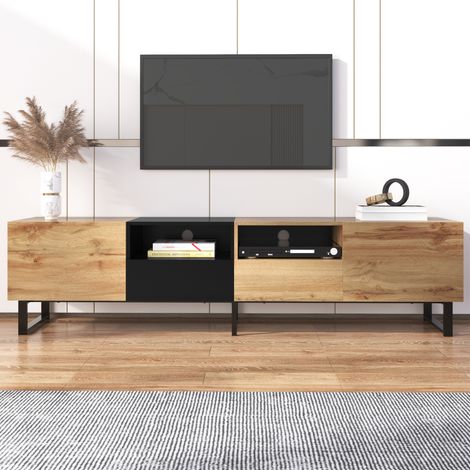 Meuble tele, Meuble TV 190 cm moderne bois et noir avec rangement, meuble télévision avec 2 portes et 2 tiroirs, meuble TV salon design industriel, meuble bas TV robuste