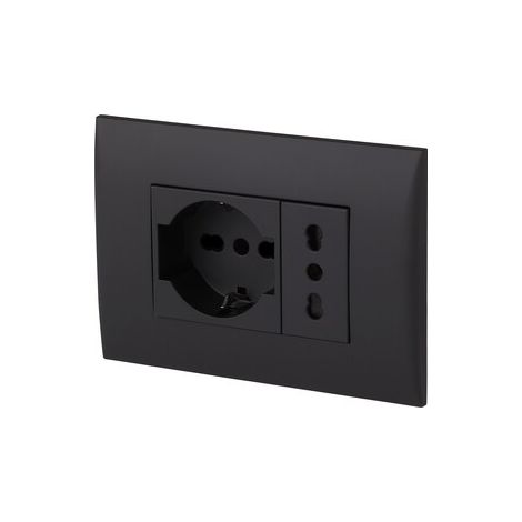 Blocco presa da incasso/Set Placca Premontata 2 posti (1 Presa universale P40 + 1 Presa Bivalente 10/16A), due viti di montaggio