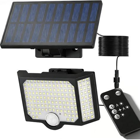 Lampe Solaire Exterieur LED, Projecteur Solaire Exterieur Avec Détecteur De Mouvement, Spot Solaire Exterieur Avec Télécommande, Angle D’éclairage 270°, Étanche IP65, Câble 5 m, Noir (1/5)