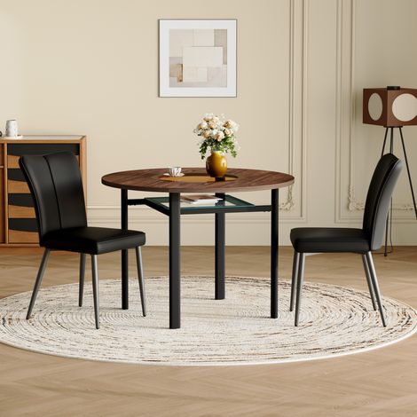 Set tavolo rotondo moderno minimalista in MDF effetto legno con 2 sedie nere in PU, diametro 100 cm (1/5)