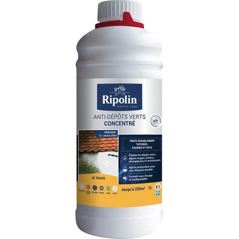 Ripolin – Traitement anti-dépôts verts incolore 1L – Pour toiture, façade et sols extérieurs – Élimine lichens et algues – Biodégradable (1/5)