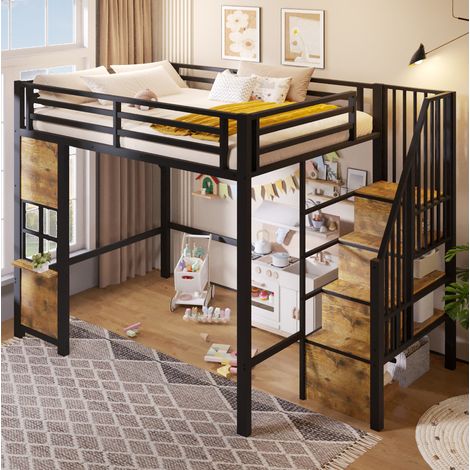 Lit mezzanine enfant 140x200 cm en métal noir, gain de place pour chambre, sans matelas FloraGrace (1/5)