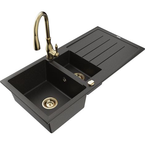 Mexen Andres lavello in granito 1,5 vasca con scolapiatti e rubinetto da cucina Savita, nero/oro metallic - 6515-75-672601-50