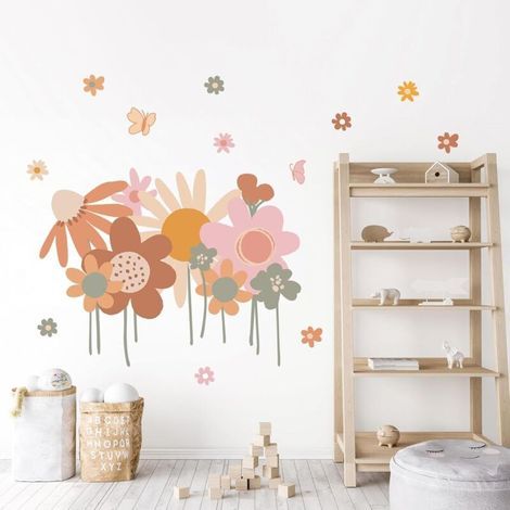 CSPARCV 1 Set Bunte Blumen-Wandaufkleber Retro Boho Blumen-Wandtattoos Große Gartenblumen-Wandaufkleber für Wohnzimmer Schlafzimmer Home Offices Sofa Hintergrundwanddekoration (1/5)