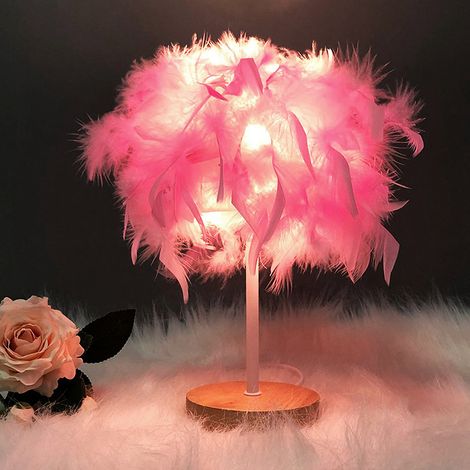 Lampe Chevet Design Plume Luxe, Base Bois Massif & Abat-jour Rose - 3 Couleurs Réglables (1/4)