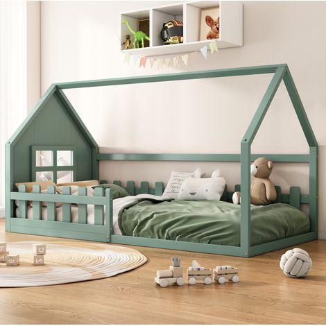 lit chambre enfant maison 90x200 bois vert OKMYHOME (1/5)