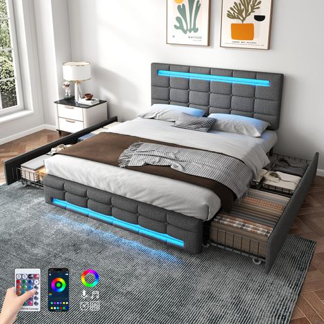4ft6 Double Upholstered Bed with LED Lighting and Storage Drawers, Linen Fabric Storage Bed Frame with Adjustable Button Tufted Headboard, No Box Spring Needed, Easy Assembly, Grey (No Mattress)
