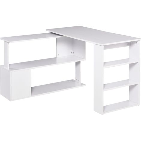 Bureau d'angle pivotant, 120 x 110 cm, bureau en L, bureau avec étagères, pour bureau à domicile, bureau d'étude, maison, blanc (1/5)