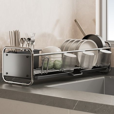 Égouttoir à Vaisselle Simple Niveau en Acier Inoxydable, avec Bac de Vidange et Panier à Couverts, pour Comptoir de Cuisine (1/4)
