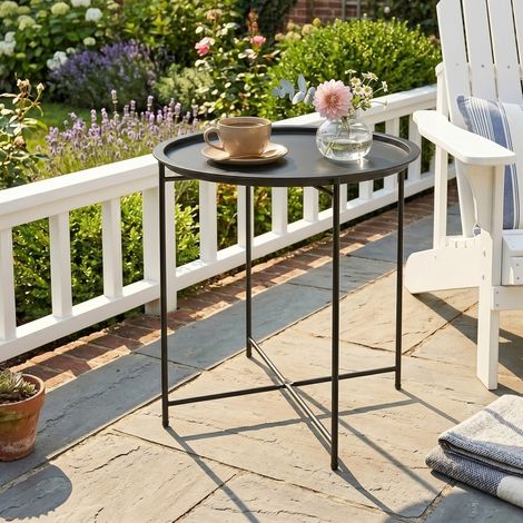 Petite table basse ronde table d'appoint plateau amovible avec bord relevé pieds pliables en acier Ø 46 x 53 cm noir (1/5)