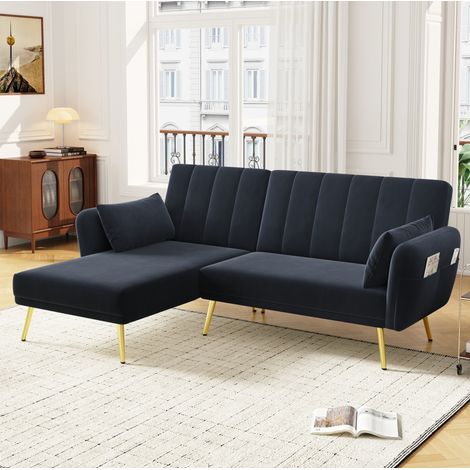 Divano letto angolare 191.5x130.5x80 cm nero in velluto con chaise longue reversibile e schienali reclinabili (1/5)
