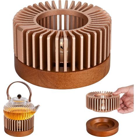 Fornello da tè con base in legno, in lega gialla, scaldatazze, isolante termico per mantenere il calore di tè, latte, cibo e caffè (senza candele). (1/5)