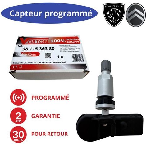 Sensore di pressione TPMS programmato 433MHz per PEUGEOT / CITROËN – rif. 9811536380 / 9802003680