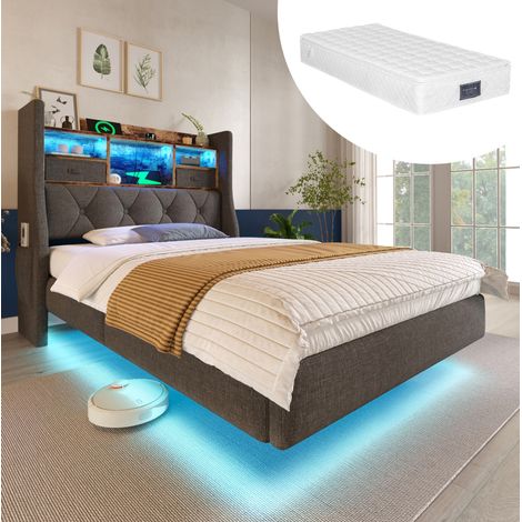Cama individual retro 90x200 cm de lino gris con cabecero con almacenaje, LED, USB/Type-C, somier de láminas y colchón (1/5)