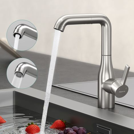 Mai & Mai Robinet Évier de Cuisine en Acier Inoxydable 304 Rotatif à 360° Eau Chaude et Froide Mélangeur Deux Modes de Jet Bec Extractible Mitigeur Cuisine Argent Brossé 26,2 cm Turnix-04 (1/5)
