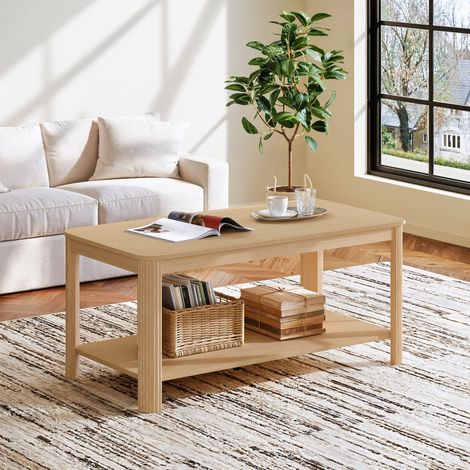 Table basse en bois à deux niveaux avec espace de rangement ouvert, idéale pour le salon et comme élément de décoration, 100 x 50 x 45 cm, couleur bois naturel (1/5)