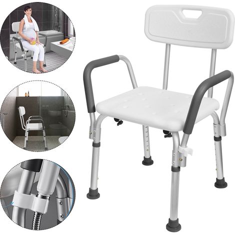 AUFUN Chaise de douche Hauteur réglable Tabouret de douche avec accoudoir et dossier Siège de bain antidérapant Aide à la douche Siège de douche en alu et plastique pour personnes agées (1/5)