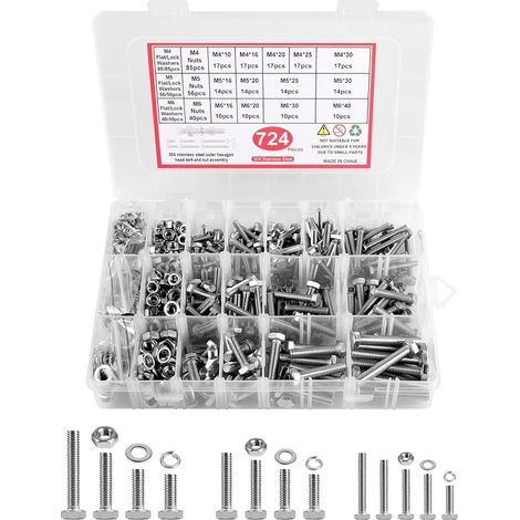 LALAGO 724 Pcs M4 M5 M6 Boulons et écrous Rondelles Assortiment Kit, 304 Inox Élastique Vis à Tête Hexagonale, Coffrets Boulons et écrous pour accessoires de fixation, bricolage (1/5)