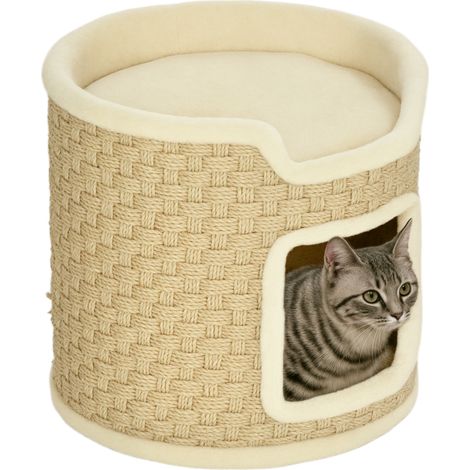 Kratzbaum, Spiel- und Ruhebereich für Katzen, Plüsch, Ø 38 x H 37 cm, Khaki-Beige, bis zu 5 kg