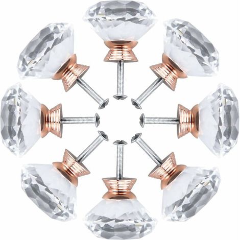 Bouton de Meuble,40mm Meuble Bouton de Tiroir Diamant Verre avec vis, Bouton de Porte，(Rose Gold，8pcs) (1/5)