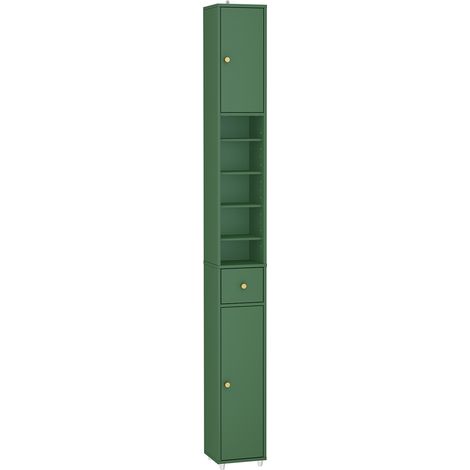 SoBuy Bad-Kommode, Schmale Regalarmoire mit Schublade und verstellbaren Ablagen - Kompaktes Badmöbel für WC, kleine Räume - Dunkelgrün, MDF, 20x20x180cm, BZR34-II-SY