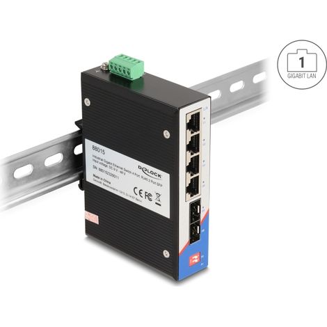 Delock Conmutador Gigabit Ethernet industrial 4 puertos RJ45 2 puertos SFP para carril DIN