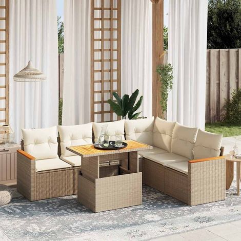 Canapé de jardin 7 pièces en résine tressée beige avec coussins déhoussables – Table réglable 100x55 cm (1/3)