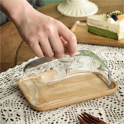 Beurrier en Bambou avec Couvercle en Verre - Plateau à Beurre Transparent pour Réfrigérateur et Comptoir pour Beurre Bloc de (1/5)