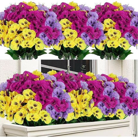 9 bouquets de fleurs de pensées artificielles pour l'extérieur, résistantes aux UV, fausses fleurs pour la décoration estivale, plantes de verdure pour les tables DIY, les fêtes, la maison (1/5)