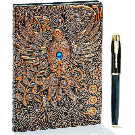 Carnet d'écriture vintage en cuir gaufré 3D avec motif phénix, format A5, 200 pages, bloc-notes/carnet de croquis/journal de voyage fait main, pour femmes. (1/5)