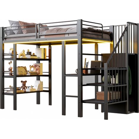 Letto A Soppalco 90 x 200 Cm Con LED, Presa, Scrivania, Scaffali E Armadio, Senza Materasso, In Metallo, Nero (1/5)