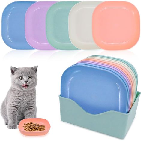 10 Gamelles Plates pour Chat Anti-Stress Moustaches, Plastique PP avec Base Antidérapante, Couleurs Assorties Empilables pour Foyers avec Plusieurs Chats, 15 x 15 x 3 cm (1/5)
