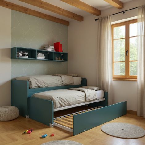 Coppia letti singoli scorrevoli con ruote e contenitori - Made in Italy - Verde Petrolio