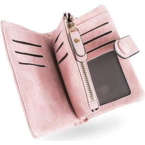 Portefeuille court en cuir souple avec fente pour cartes multiples de grande capacité (rose)
