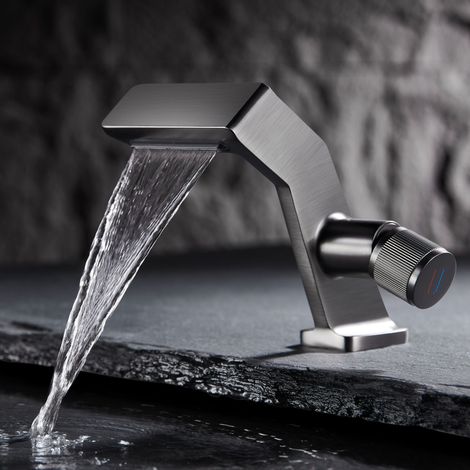 Grifo de lavabo tipo cascada, grifo mezclador tipo cascada con válvula monomando cerámica regulable, color gris bronce. (1/5)