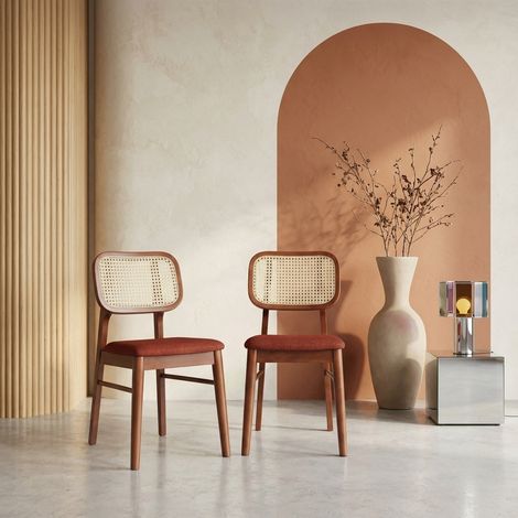 Lot de 2 chaises vintage bois d'hévéa et cannage terracotta - Mani
