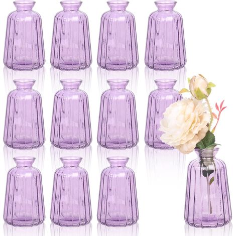 Lot de 12 petits vases pour décoration de table - 11 x 6,5 cm - Petits vases en verre pour décoration de table de mariage - Violet (1/5)